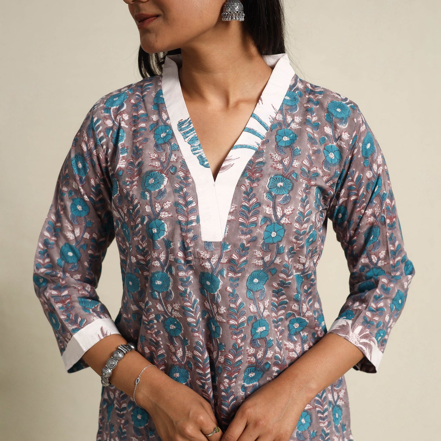 Buy Grey Block Print Cotton Sanganeri Kurta Set