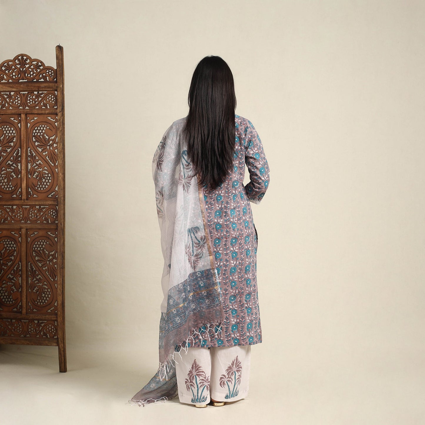 Buy Grey Block Print Cotton Sanganeri Kurta Set