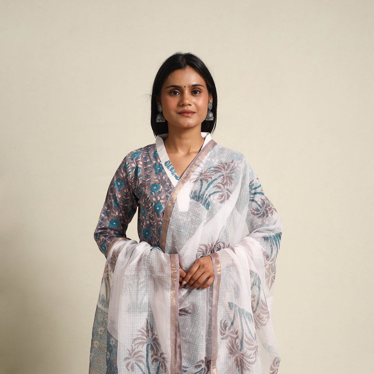Buy Grey Block Print Cotton Sanganeri Kurta Set