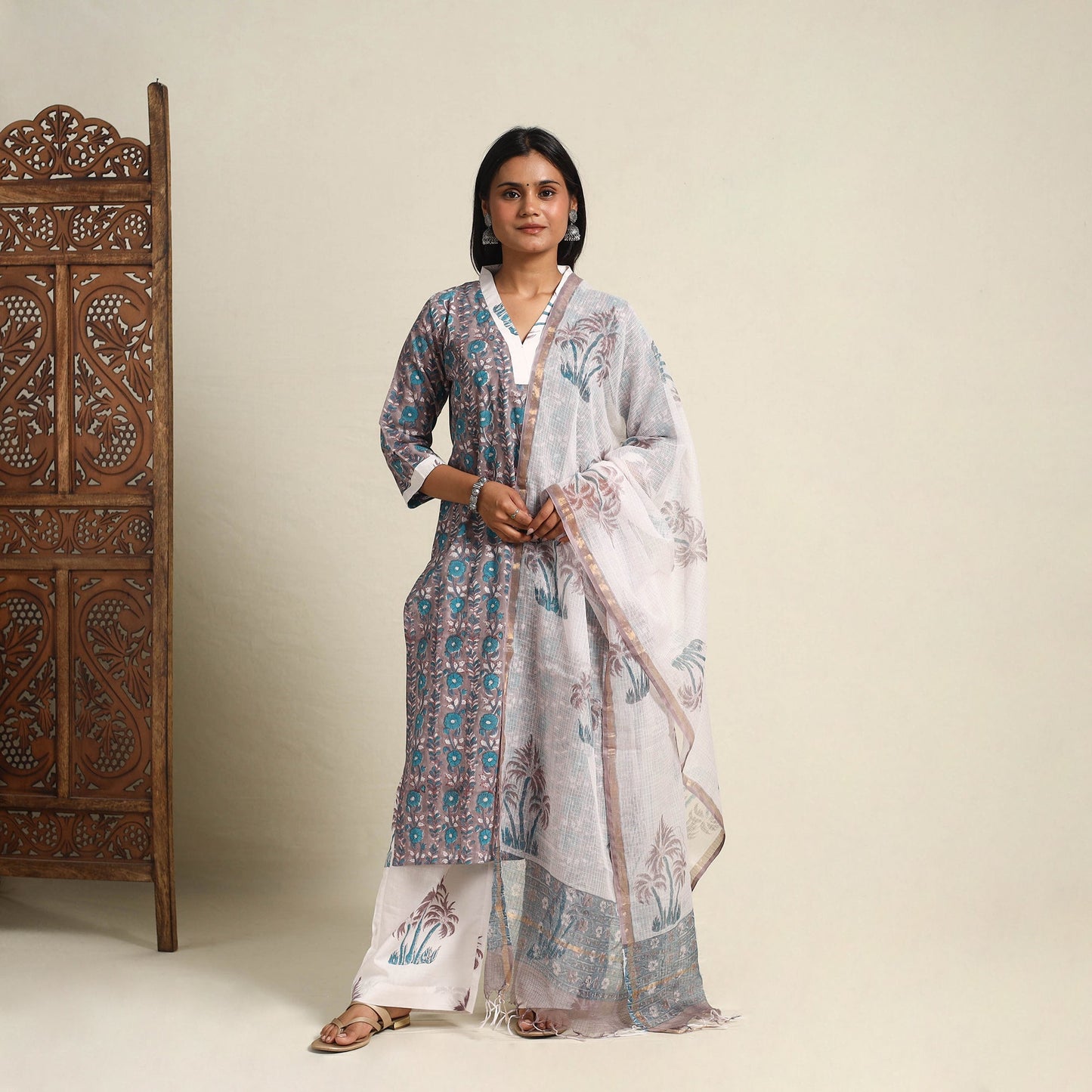 Buy Grey Block Print Cotton Sanganeri Kurta Set