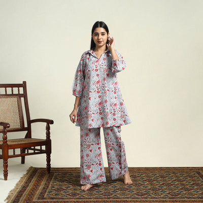 Buy Cotton Grey Sanganeri Block Print Night Suit Set Online 