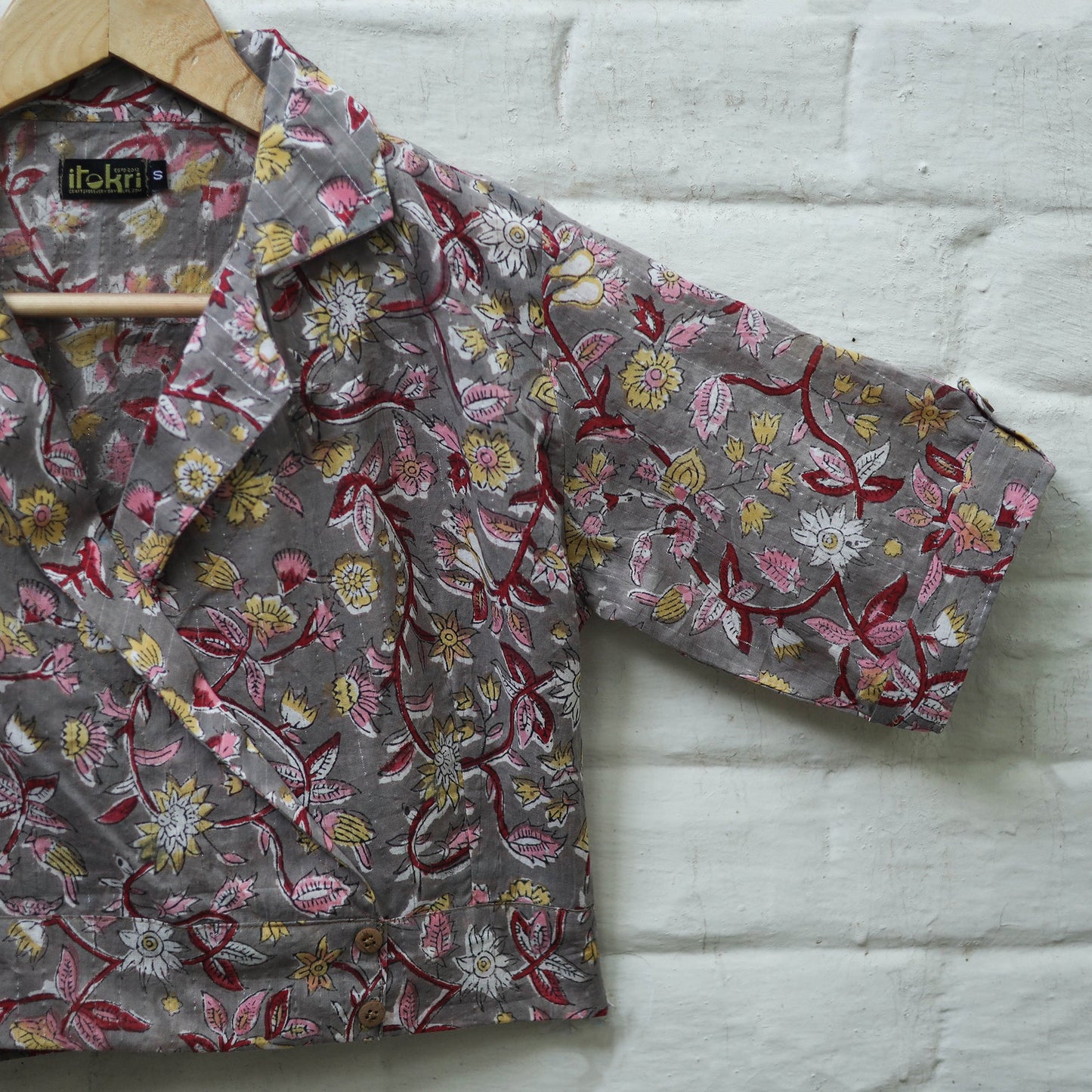 Buy Grey Block Print Cotton Sanganeri Stitched Blouse