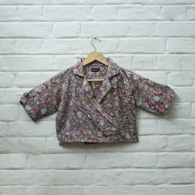 Buy Grey Block Print Cotton Sanganeri Stitched Blouse