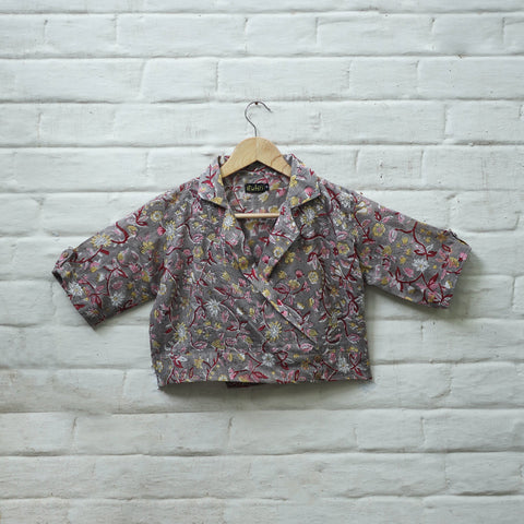 Buy Grey Block Print Cotton Sanganeri Stitched Blouse