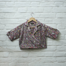 Buy Grey Block Print Cotton Sanganeri Stitched Blouse