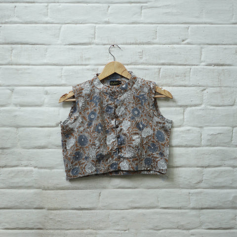 Buy Grey Block Print Cotton Sanganeri Stitched Blouse