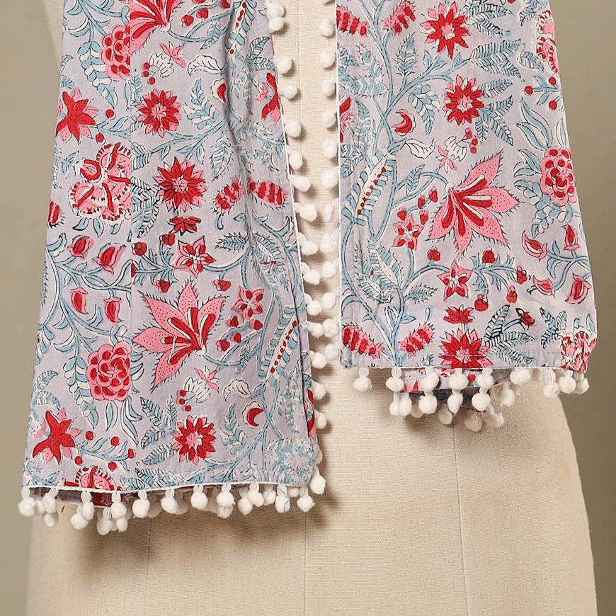 Grey Block Print Cotton Sanganeri Stole with Pom Pom