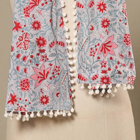 Grey Block Print Cotton Sanganeri Stole with Pom Pom