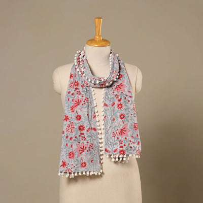 Grey Block Print Cotton Sanganeri Stole with Pom Pom