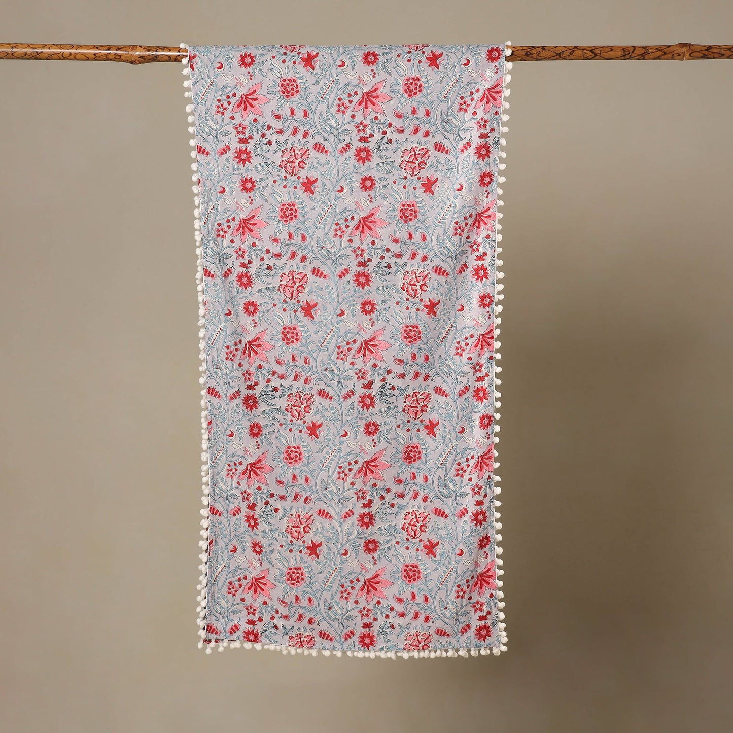 Grey Block Print Cotton Sanganeri Stole with Pom Pom