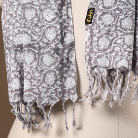 Grey - cotton sanganeri stole with tassels 14 - handcrafted