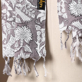 Grey - cotton sanganeri stole with tassels 17 - handcrafted