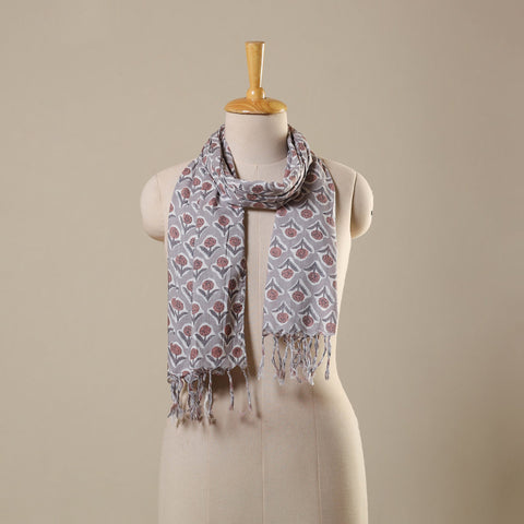 Grey Block Print Cotton Sanganeri Stole with Tassels