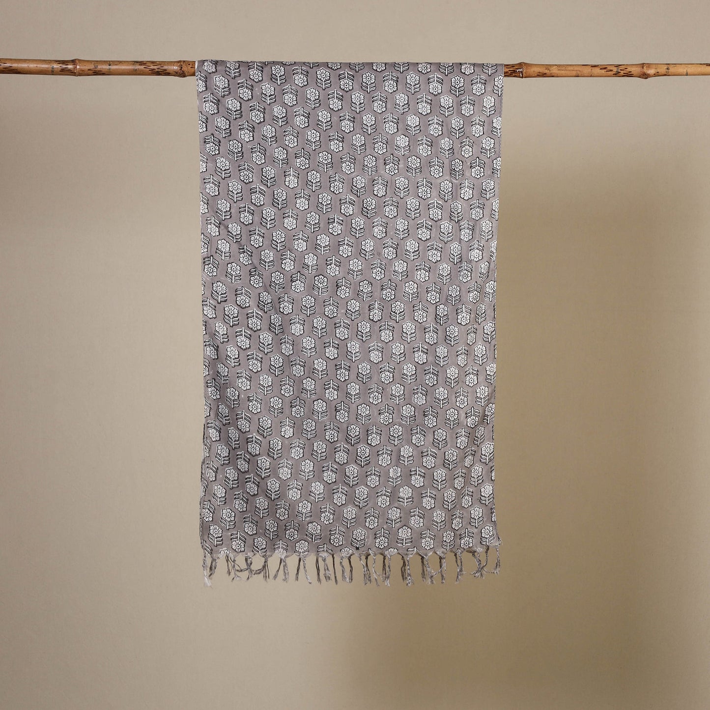 Grey Block Print Cotton Sanganeri Stole with Tassels