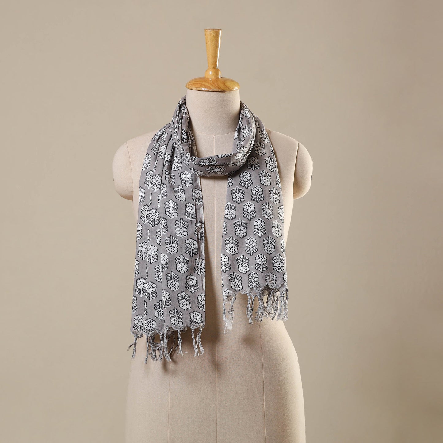 Grey Block Print Cotton Sanganeri Stole with Tassels