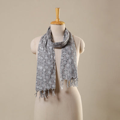 Grey Block Print Cotton Sanganeri Stole with Tassels