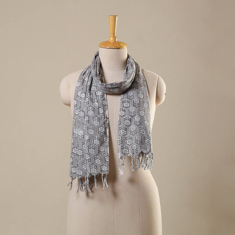 Grey Block Print Cotton Sanganeri Stole with Tassels