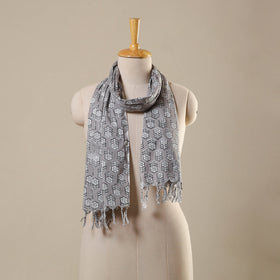Grey Block Print Cotton Sanganeri Stole with Tassels