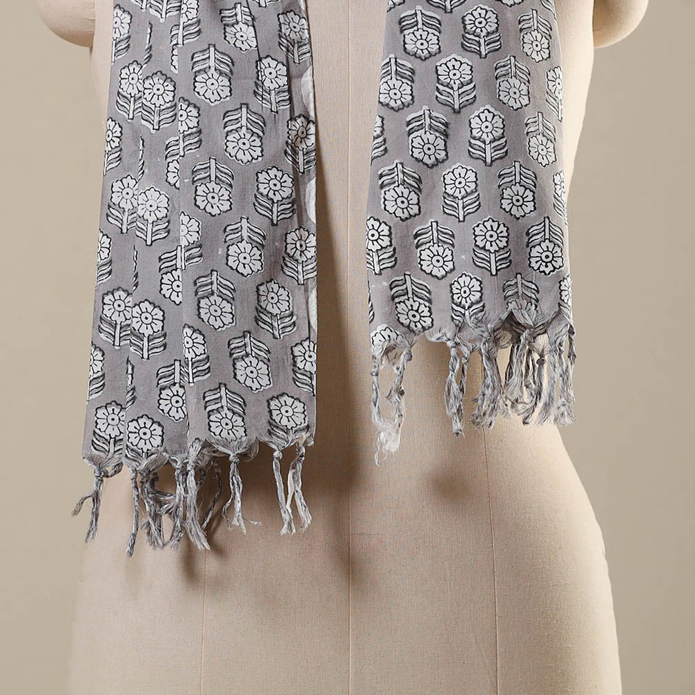 Grey Block Print Cotton Sanganeri Stole with Tassels