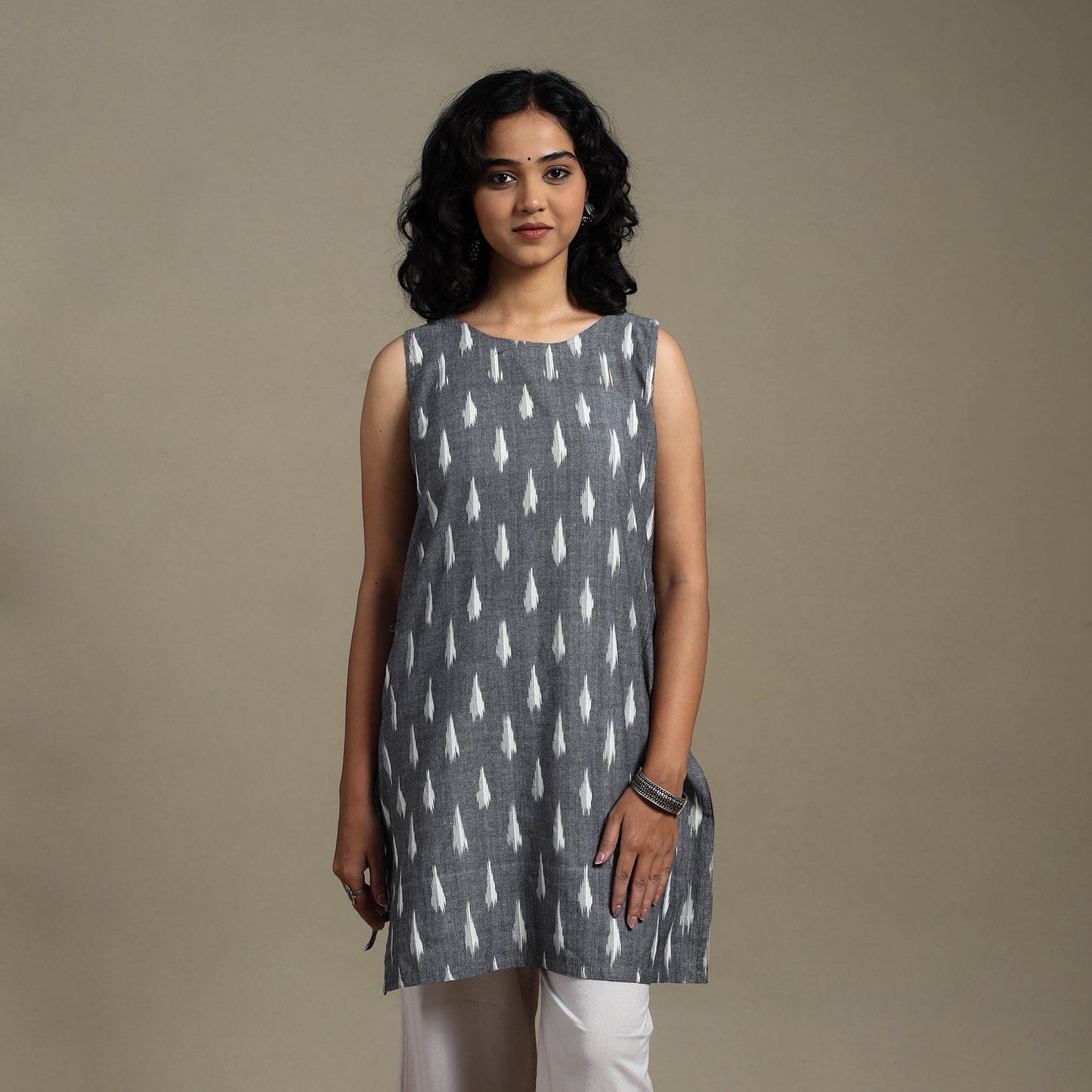 Grey - cotton short pochampally ikat kurta 14 - handcrafted