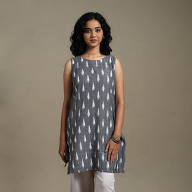 Grey - cotton short pochampally ikat kurta 14 - handcrafted