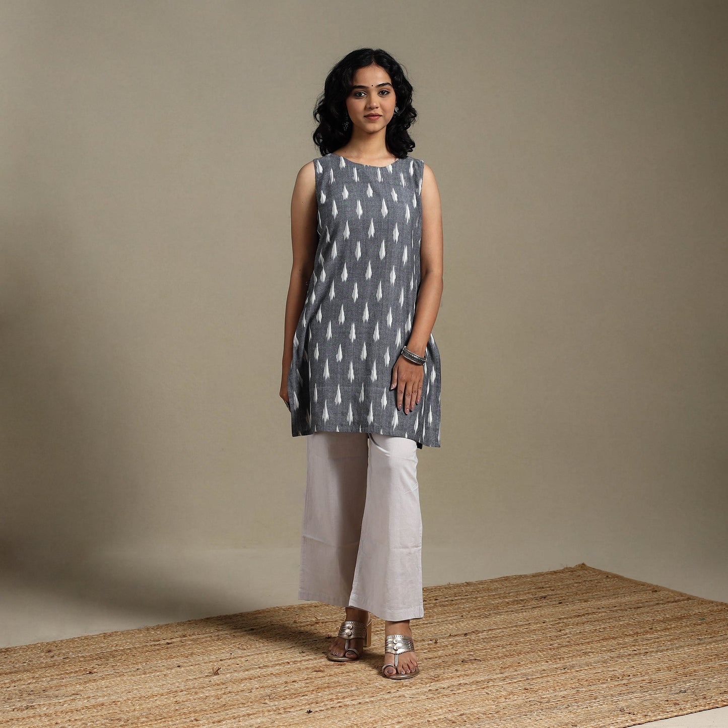 Grey - cotton short pochampally ikat kurta 14 - handcrafted