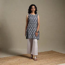 Grey - cotton short pochampally ikat kurta 14 - handcrafted