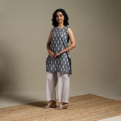 Grey - cotton short pochampally ikat kurta 14 - handcrafted
