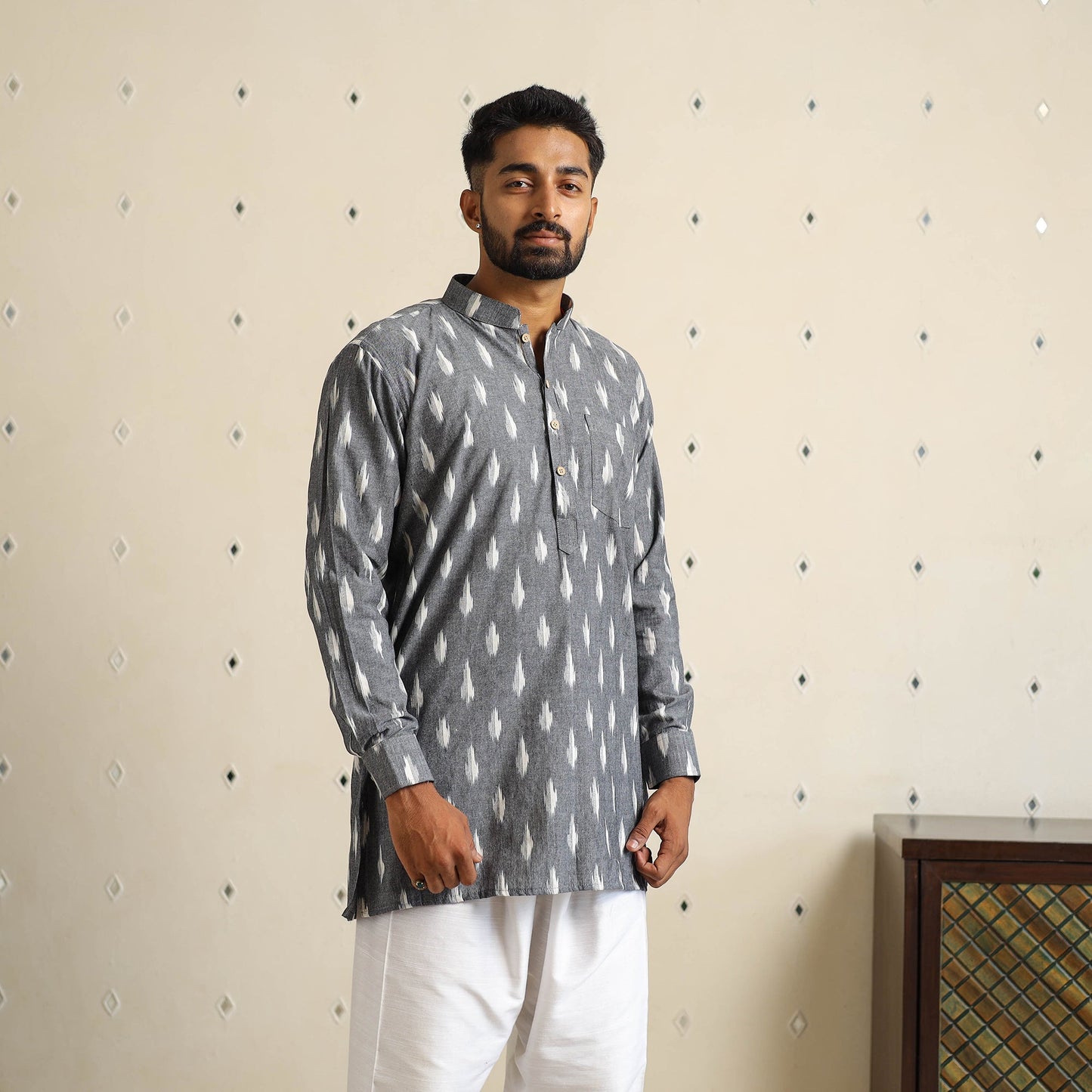 Buy Grey Cotton Short Pochampally Ikat Kurta for Men