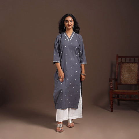 Grey - cotton straight jacquard kurta 13 - handcrafted