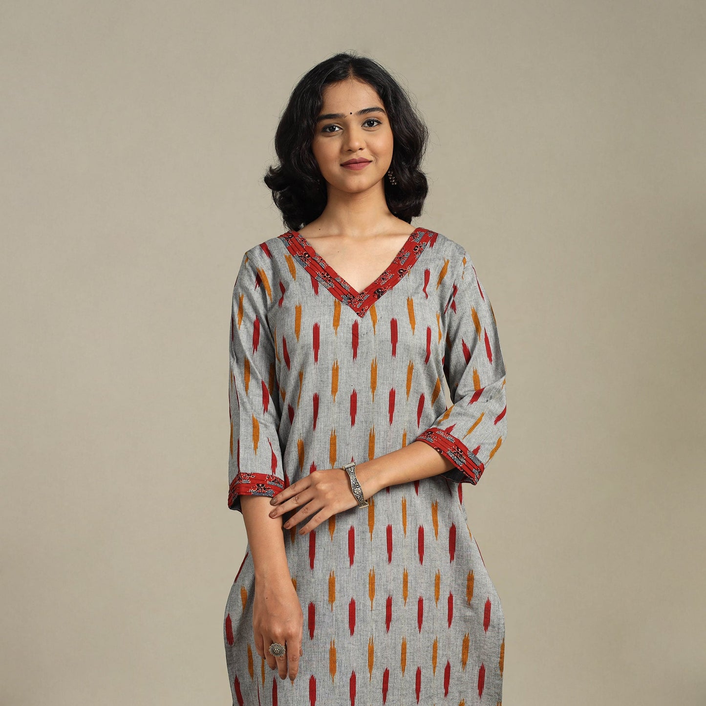 Grey Cotton Straight Pochampally Ikat Kurta