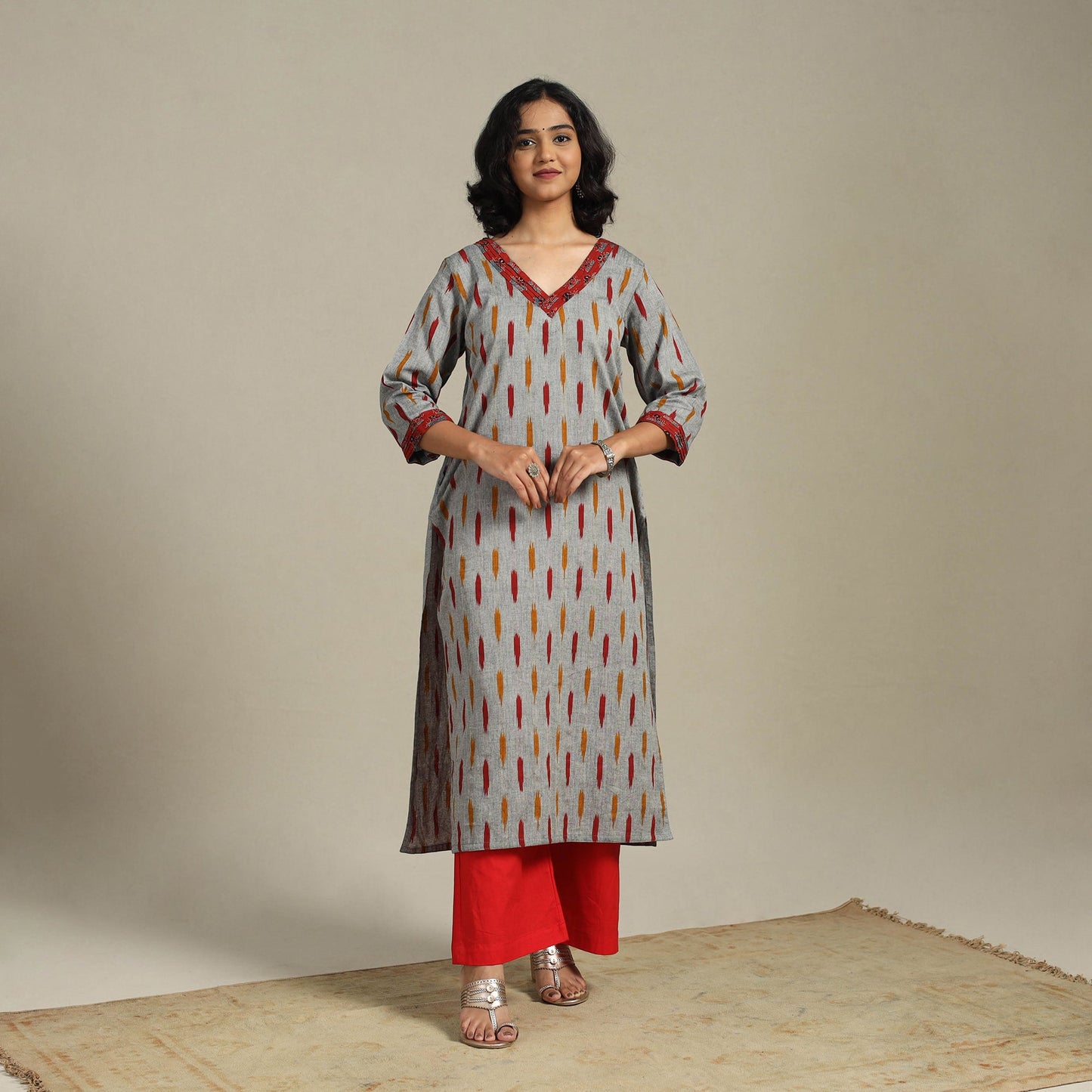 Grey Cotton Straight Pochampally Ikat Kurta