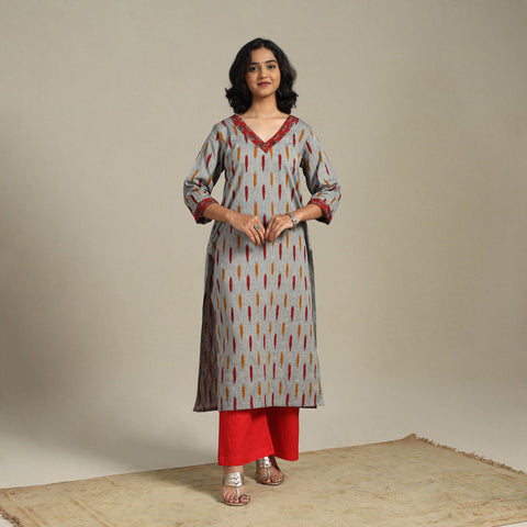 Grey Cotton Straight Pochampally Ikat Kurta