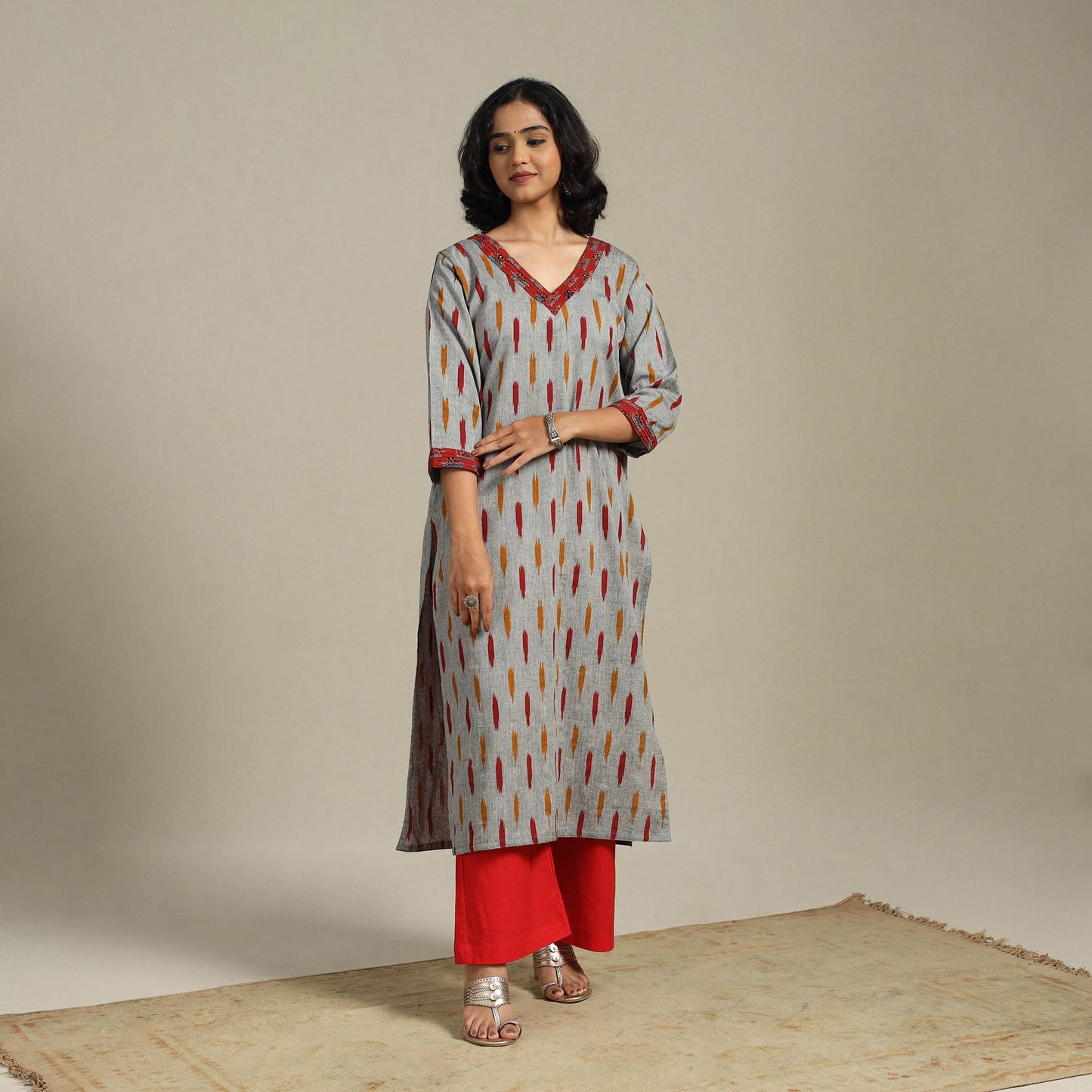 Grey Cotton Straight Pochampally Ikat Kurta