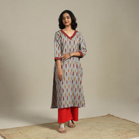 Grey Cotton Straight Pochampally Ikat Kurta