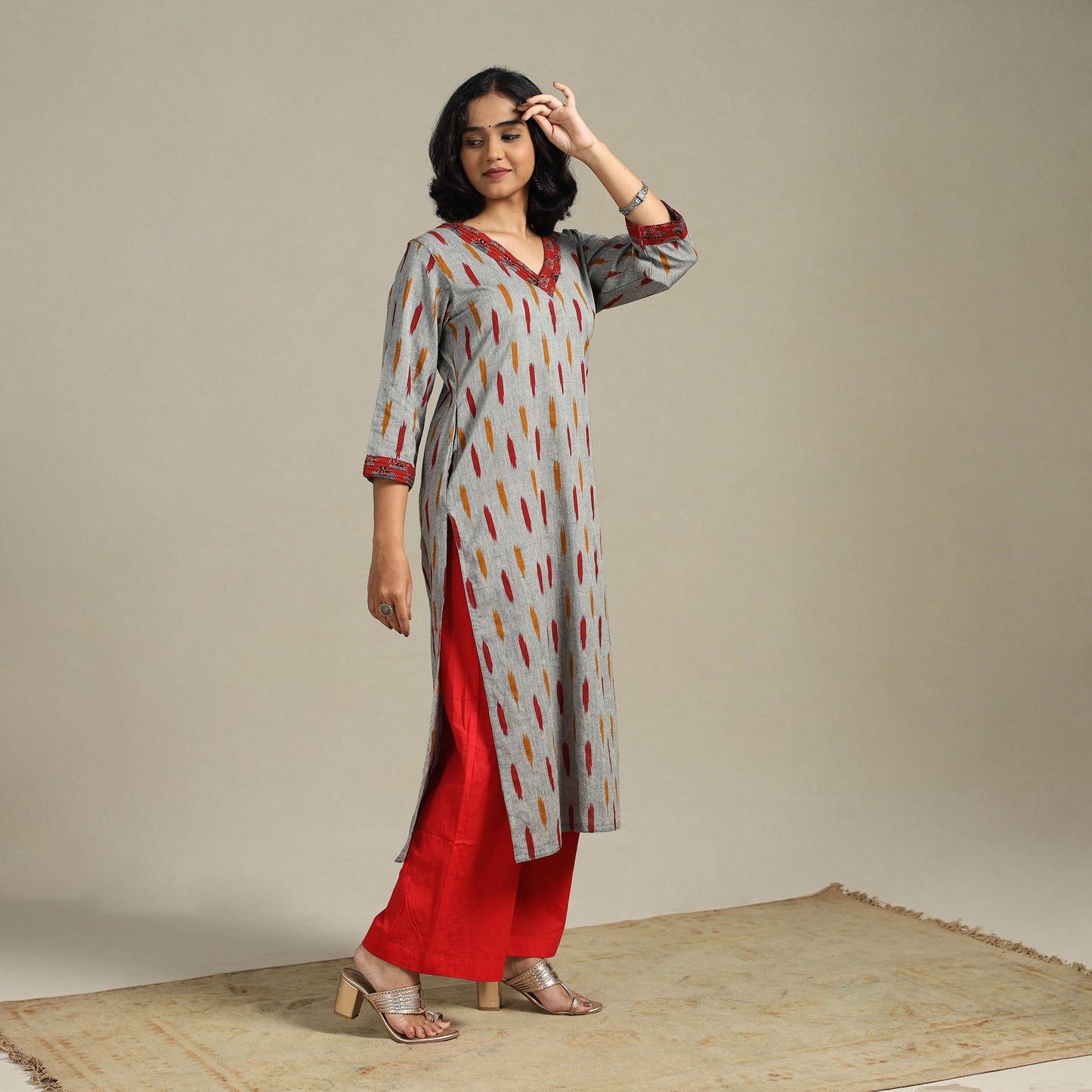 Grey Cotton Straight Pochampally Ikat Kurta