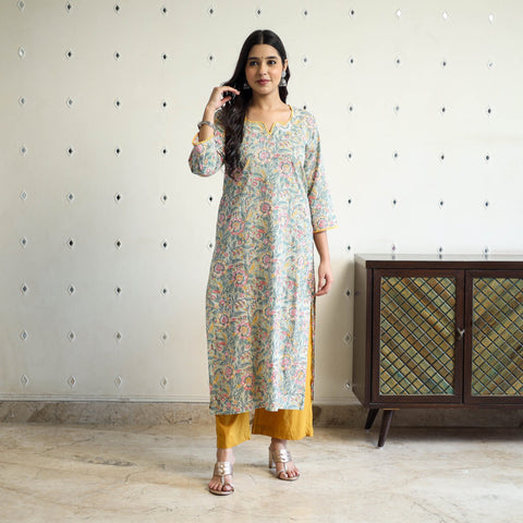 Grey Block Print Cotton Straight Sanganeri Kurta for Women