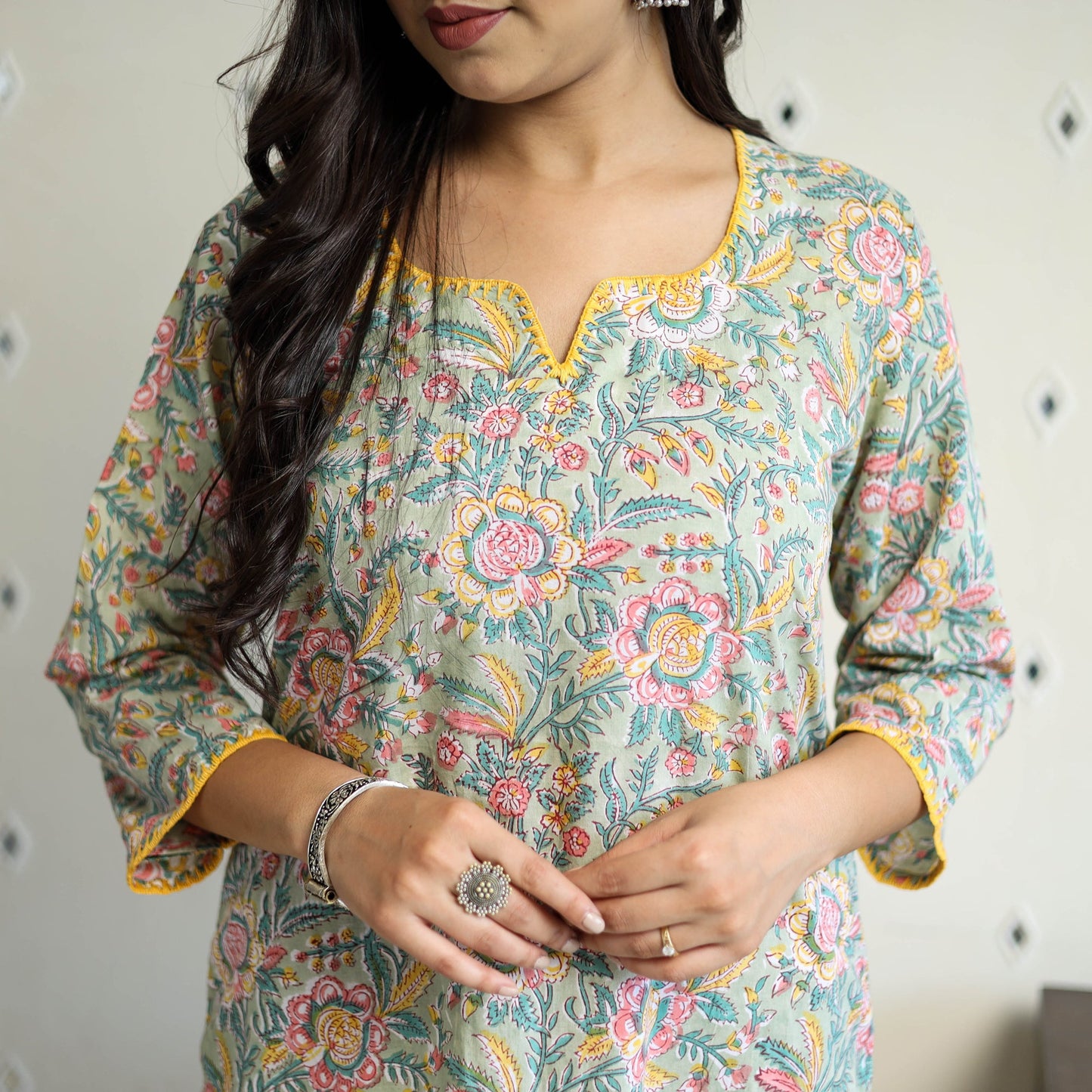 Grey Block Print Cotton Straight Sanganeri Kurta for Women