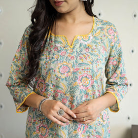 Grey Block Print Cotton Straight Sanganeri Kurta for Women