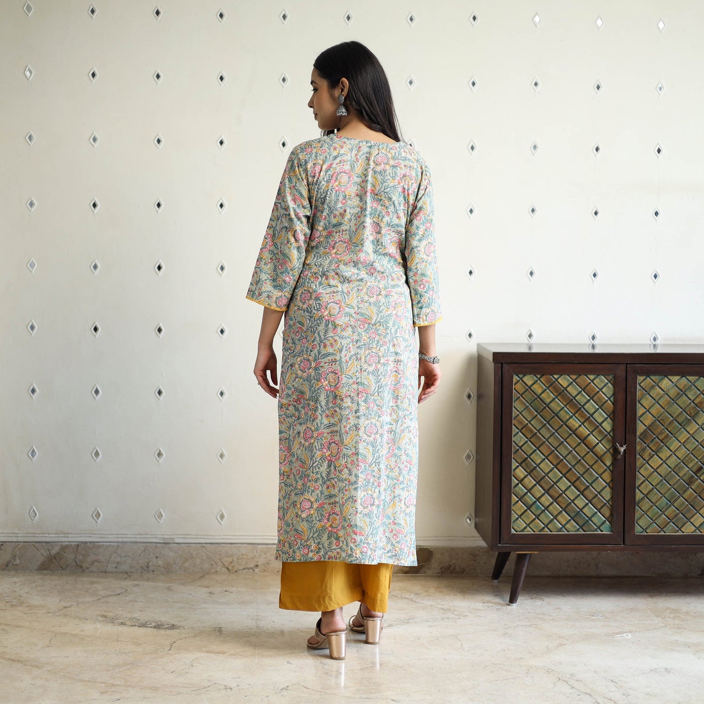 Grey Block Print Cotton Straight Sanganeri Kurta for Women