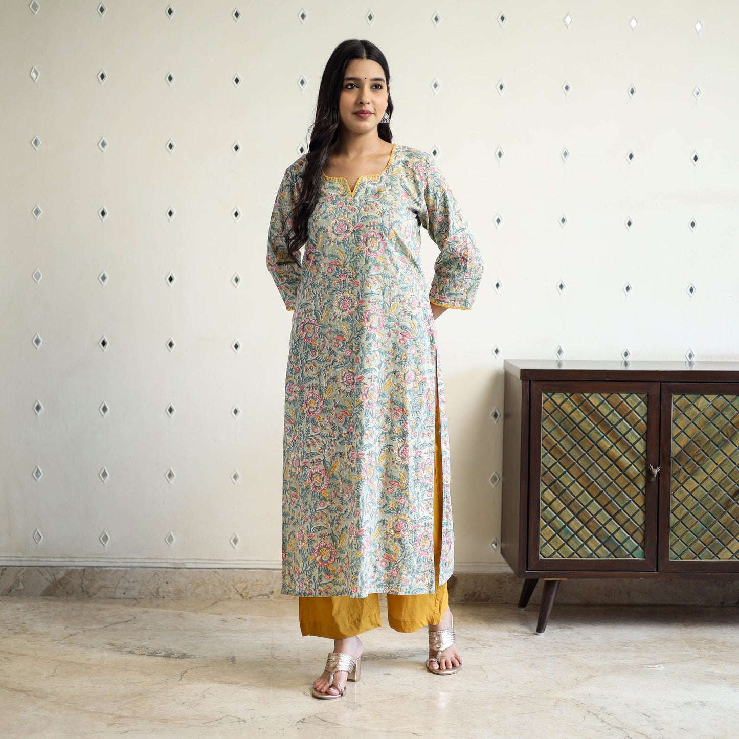 Grey Block Print Cotton Straight Sanganeri Kurta for Women