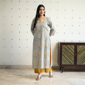 Grey Block Print Cotton Straight Sanganeri Kurta for Women