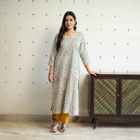 Grey Block Print Cotton Straight Sanganeri Kurta for Women