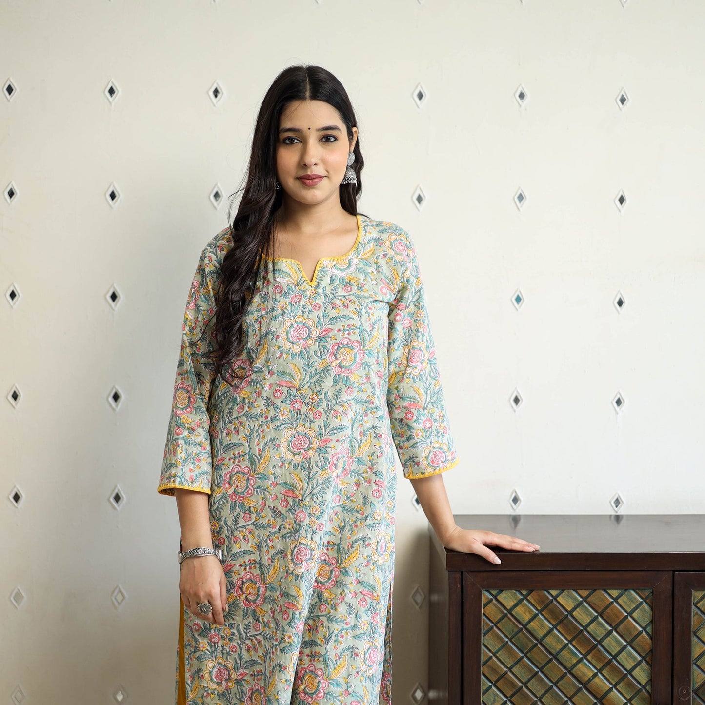 Grey Block Print Cotton Straight Sanganeri Kurta for Women