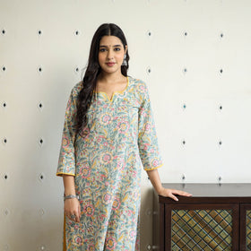 Grey Block Print Cotton Straight Sanganeri Kurta for Women
