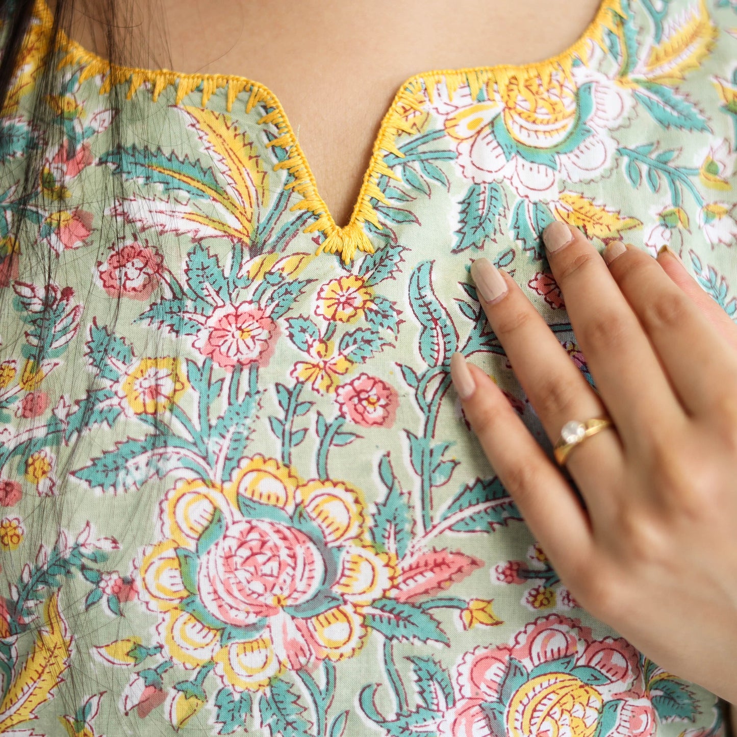 Grey Block Print Cotton Straight Sanganeri Kurta for Women