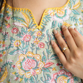 Grey Block Print Cotton Straight Sanganeri Kurta for Women