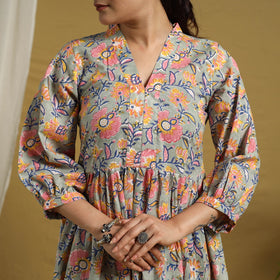  Grey Block Print Cotton Tiered Sanganeri Dress 