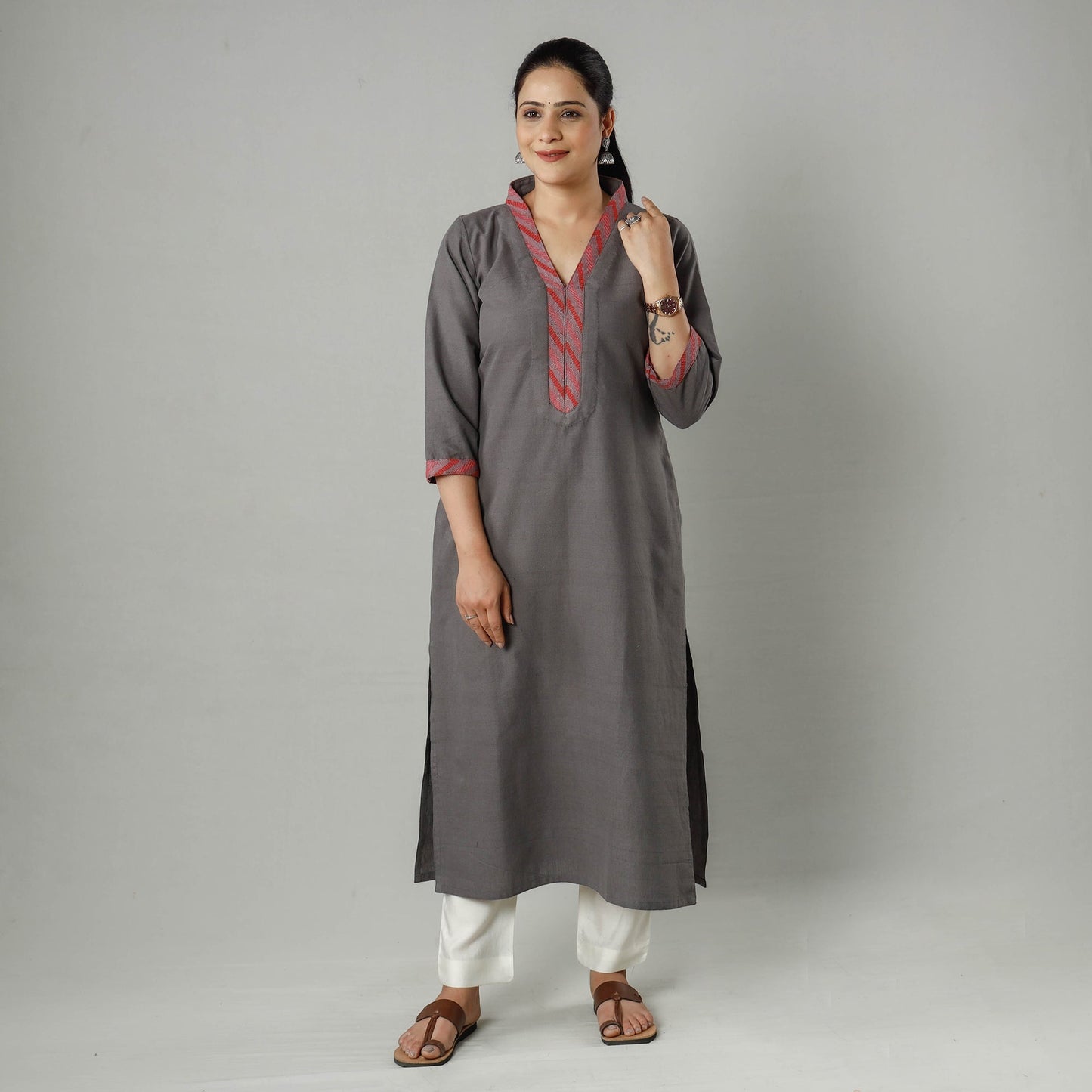 Grey - Dark Gray Plain Jhiri Handloom Cotton Long Kurta