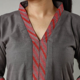 Grey - Dark Gray Plain Jhiri Handloom Cotton Long Kurta